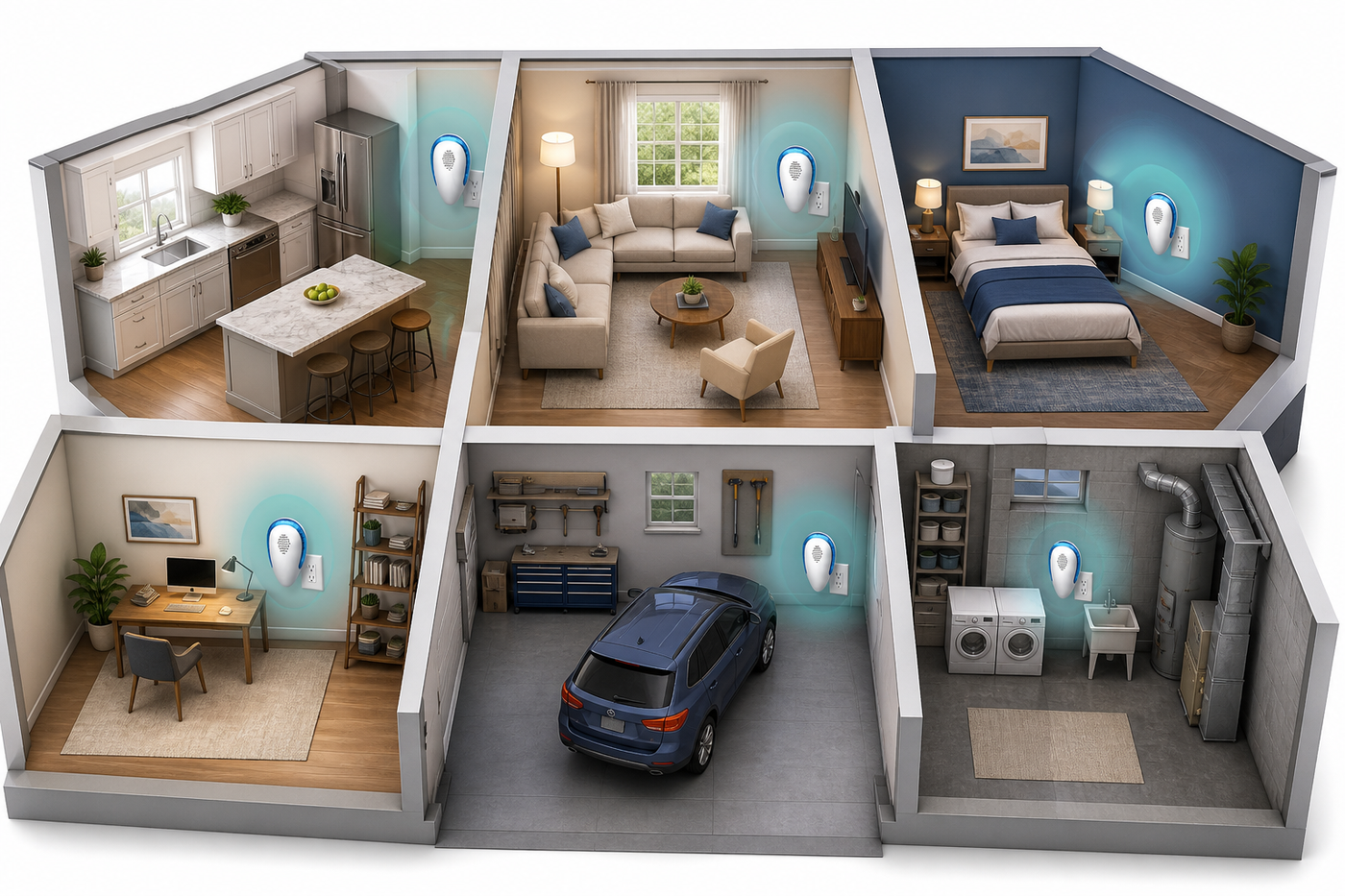 Six-room home coverage diagram with one PestRepulse device per room